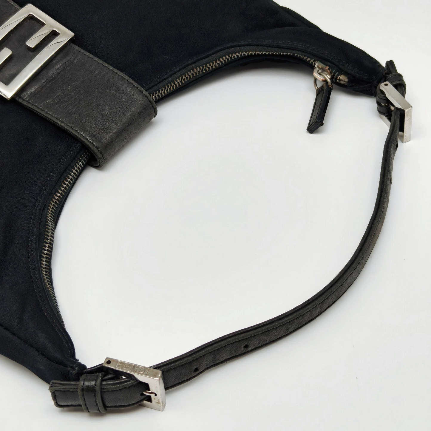 Fendi black crescent shaped baguette bag with chrome hardware - Iconic!