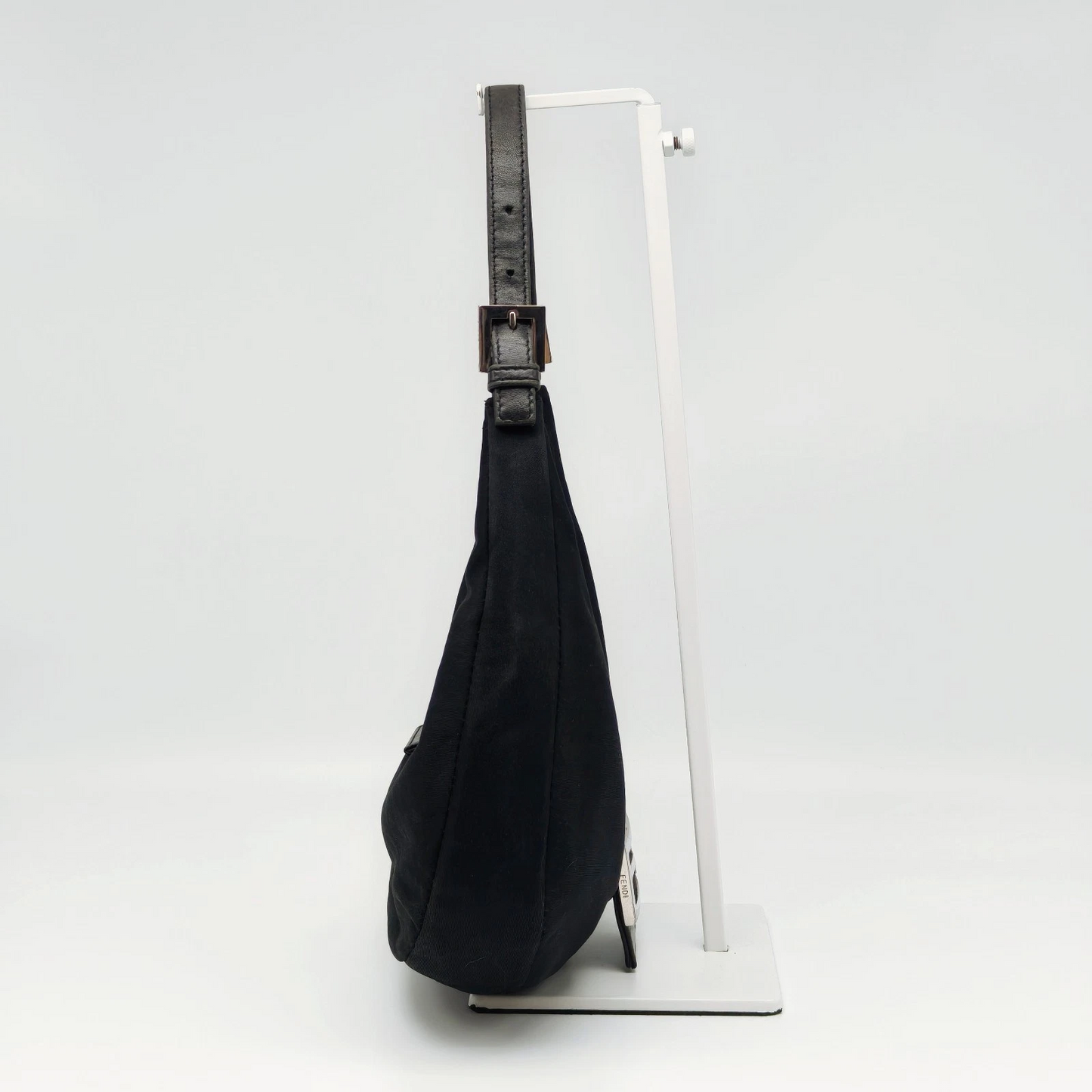 Fendi black crescent shaped baguette bag with chrome hardware - Iconic!
