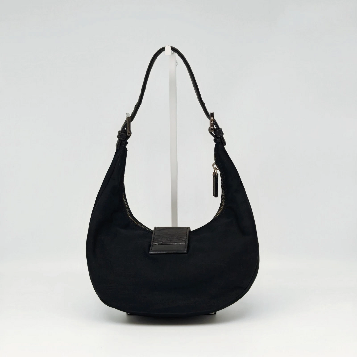 Fendi black crescent shaped baguette bag with chrome hardware - Iconic!