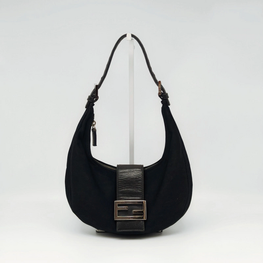 Fendi black crescent shaped baguette bag with chrome hardware - Iconic!