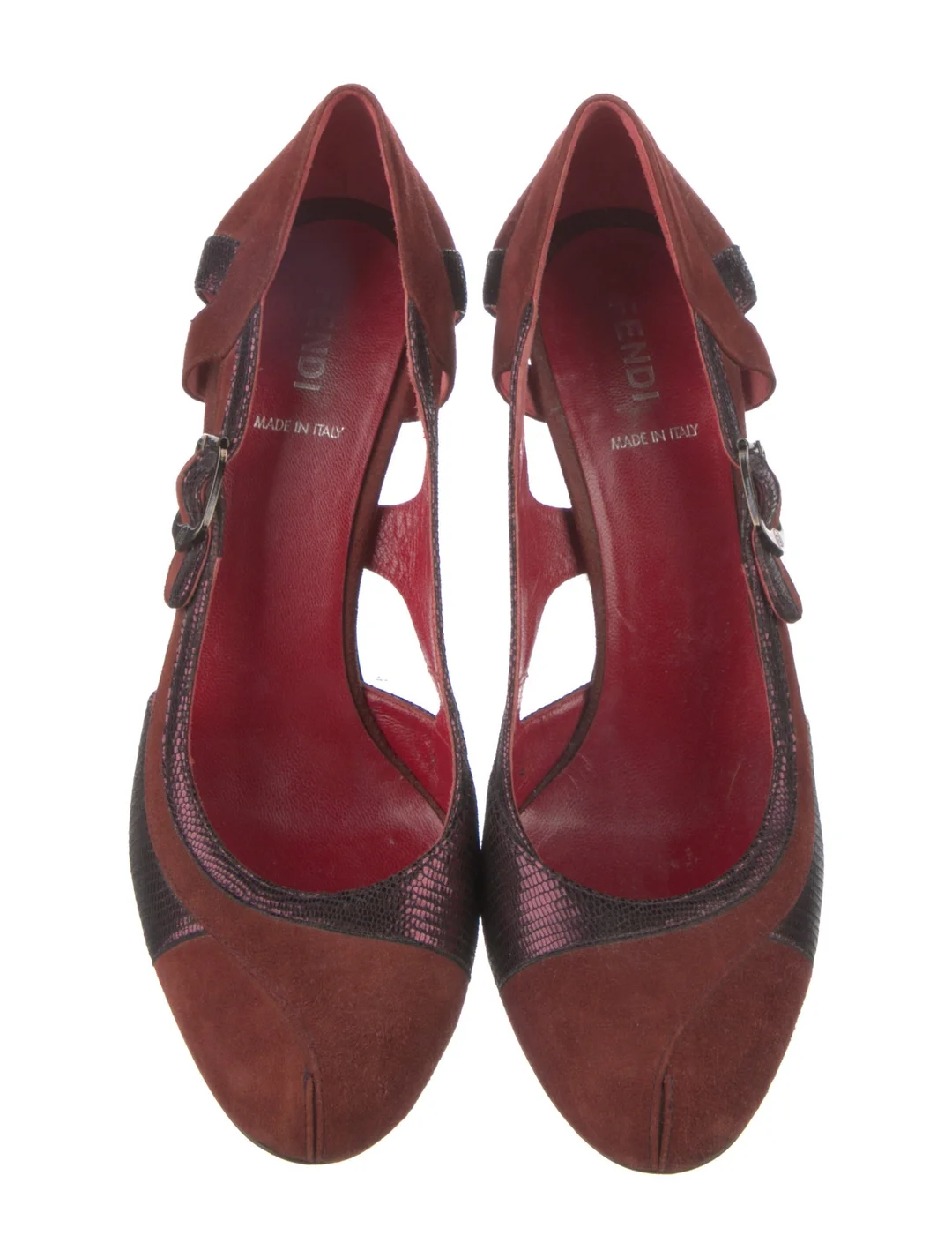 Fendi burgundy suede & purple python S7 heels with cutout sides & buckles