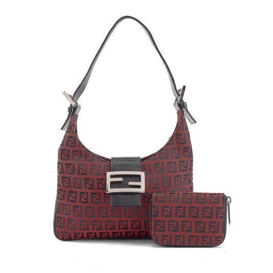 Fendi black Zucchino print on dark red canvas & black leather large baguette w 'V' shaped top