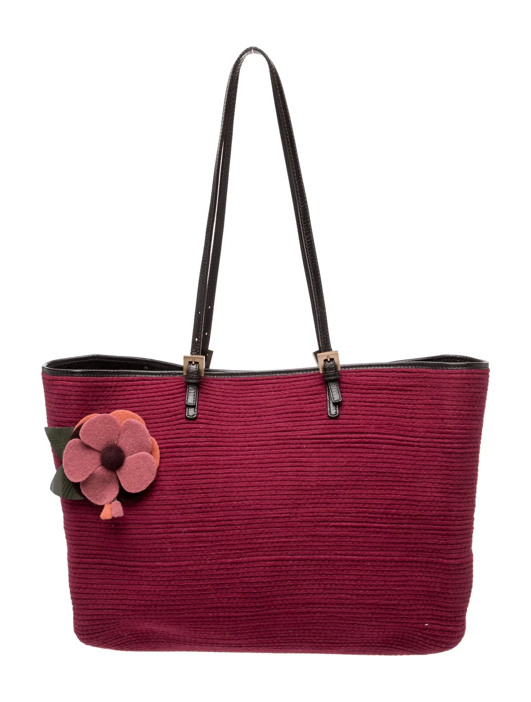Fendi dark red wool & leather roll tote with a leather flower accent