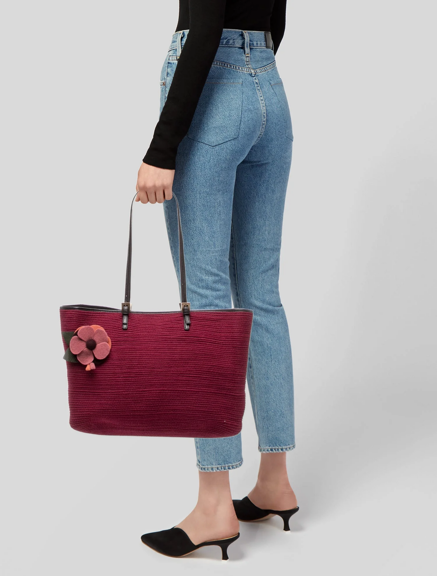 Fendi dark red wool & leather roll tote with a leather flower accent