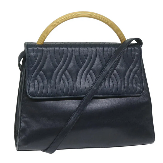 Fendi navy blue leather pasta stye two way purse with hard gold top handle
