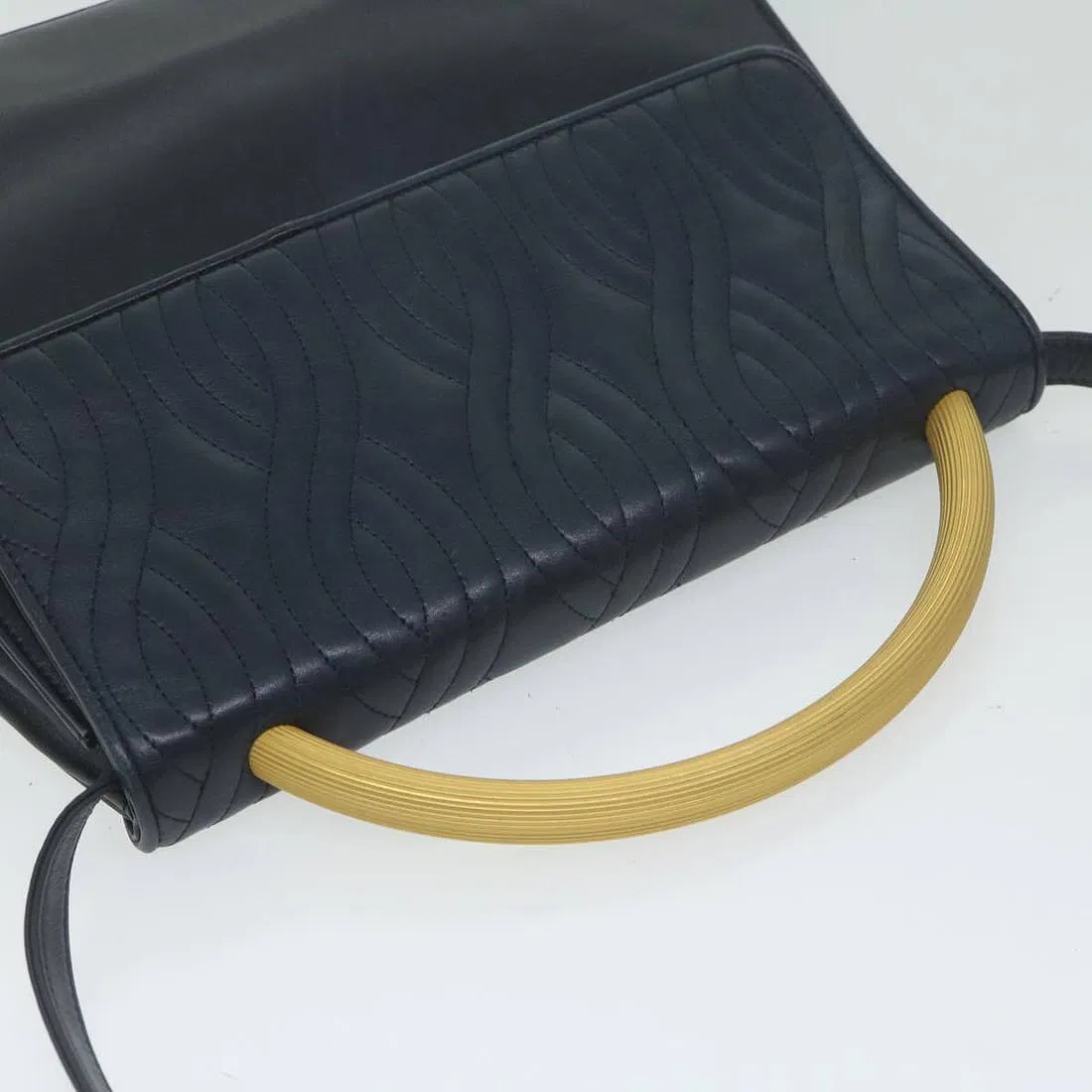 Fendi navy blue leather pasta stye two way purse with hard gold top handle