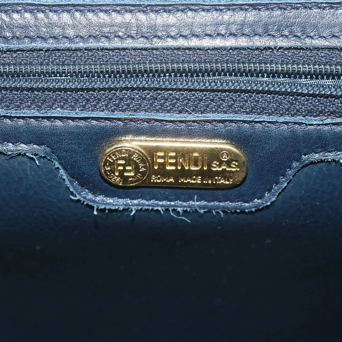 Fendi navy blue leather pasta stye two way purse with hard gold top handle