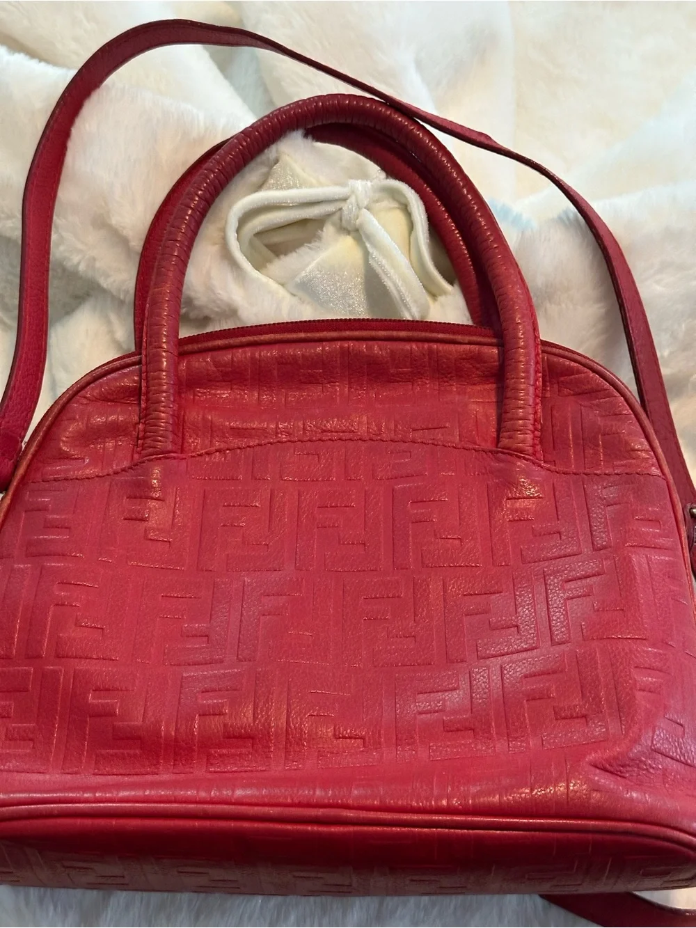 Fendi red embossed Zucca print leather two-way domed top satchel