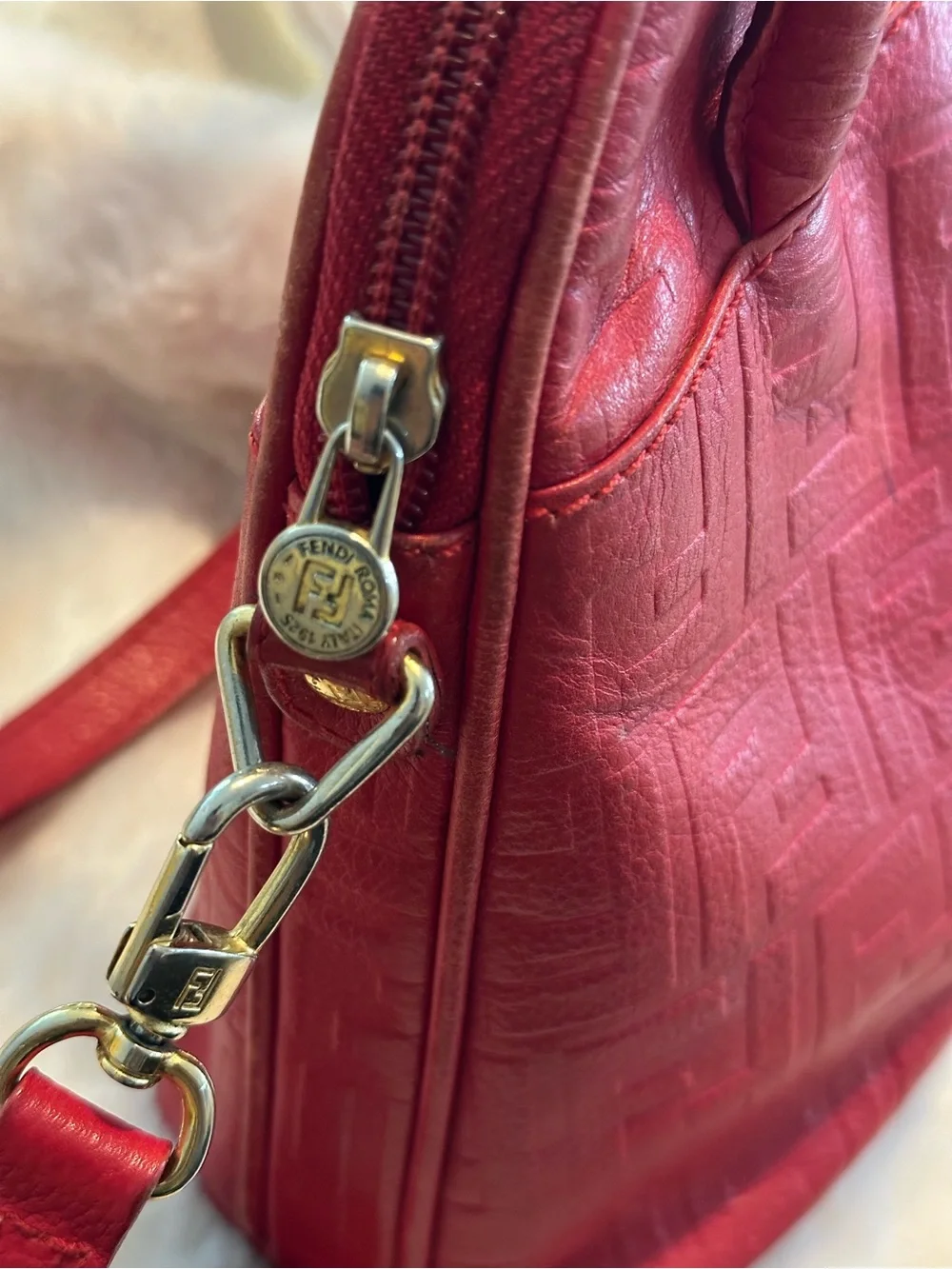 Fendi red embossed Zucca print leather two-way domed top satchel