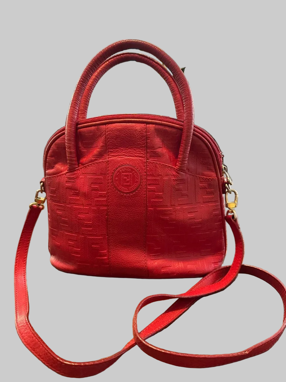 Fendi red embossed Zucca print leather two-way domed top satchel