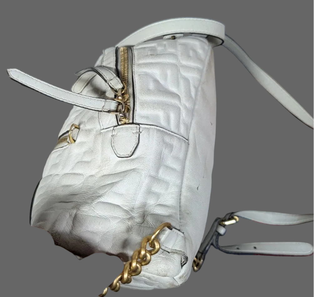 Fendi Zucca print white nappa leather Zaino mini backpack with gold hardware