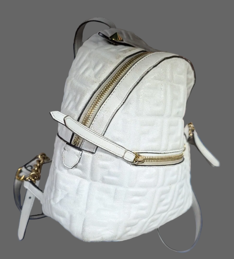 Fendi Zucca print white nappa leather Zaino mini backpack with gold hardware