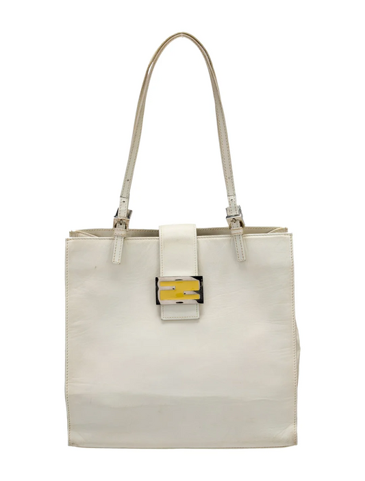 Fendi Ltd Ed white leather mini baguette tote with chrome hardware