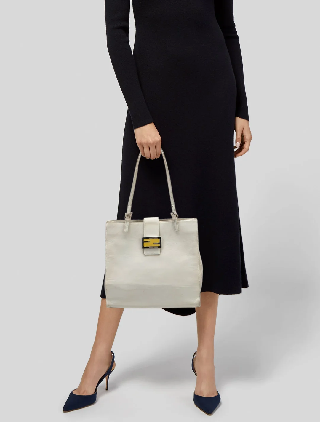 Fendi Ltd Ed white leather mini baguette tote with chrome hardware