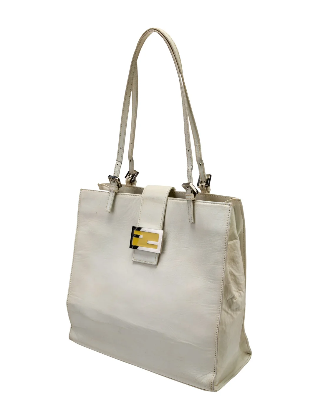 Fendi Ltd Ed white leather mini baguette tote with chrome hardware