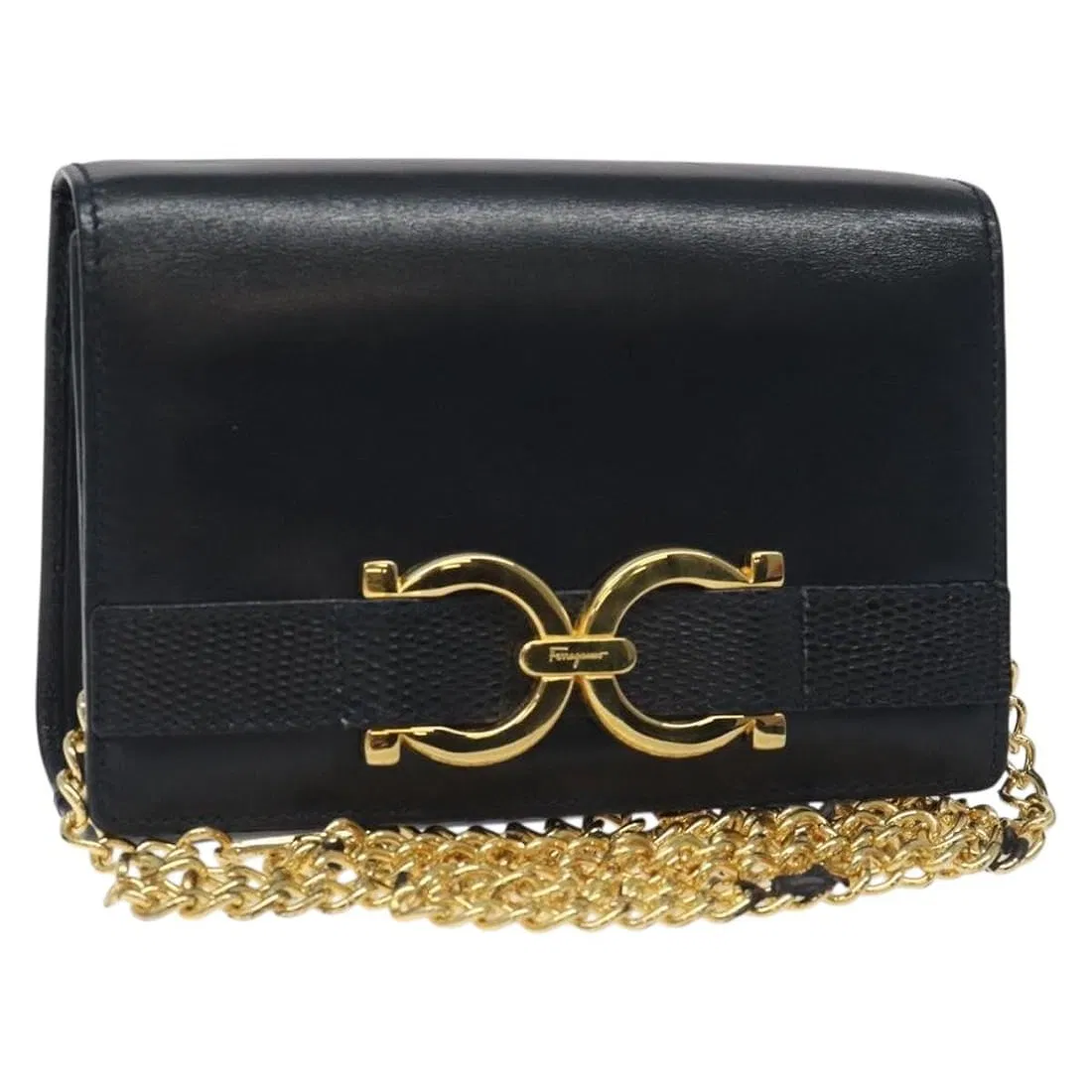 Ferragamo navy leather mini crossbody or belt bag w double Gancini & chain strap