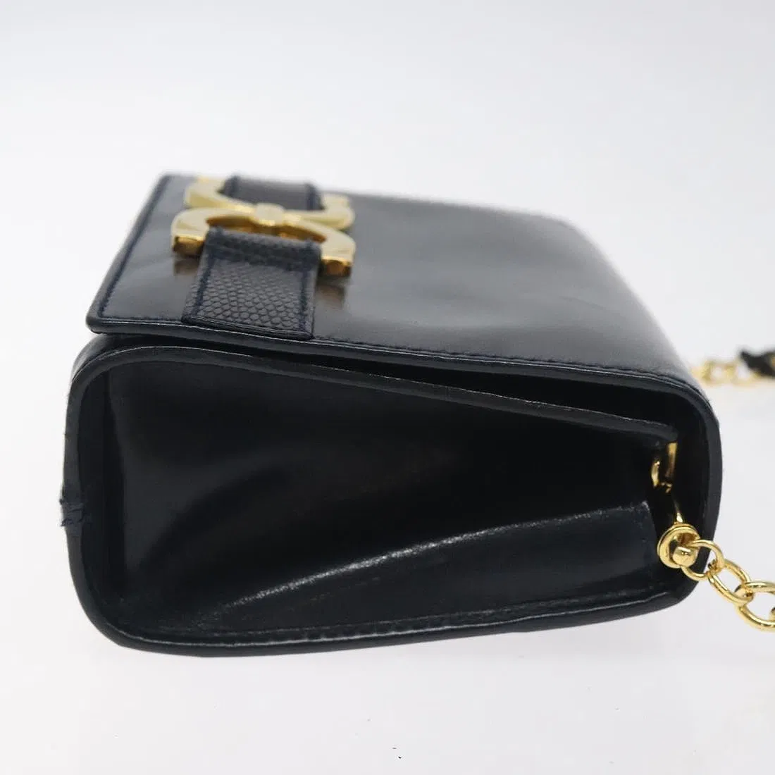 Ferragamo navy leather mini crossbody or belt bag w double Gancini & chain strap