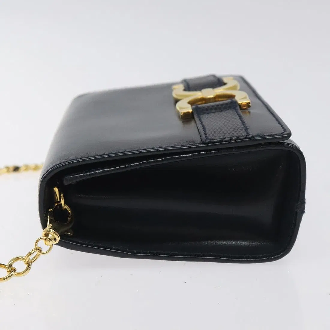 Ferragamo navy leather mini crossbody or belt bag w double Gancini & chain strap