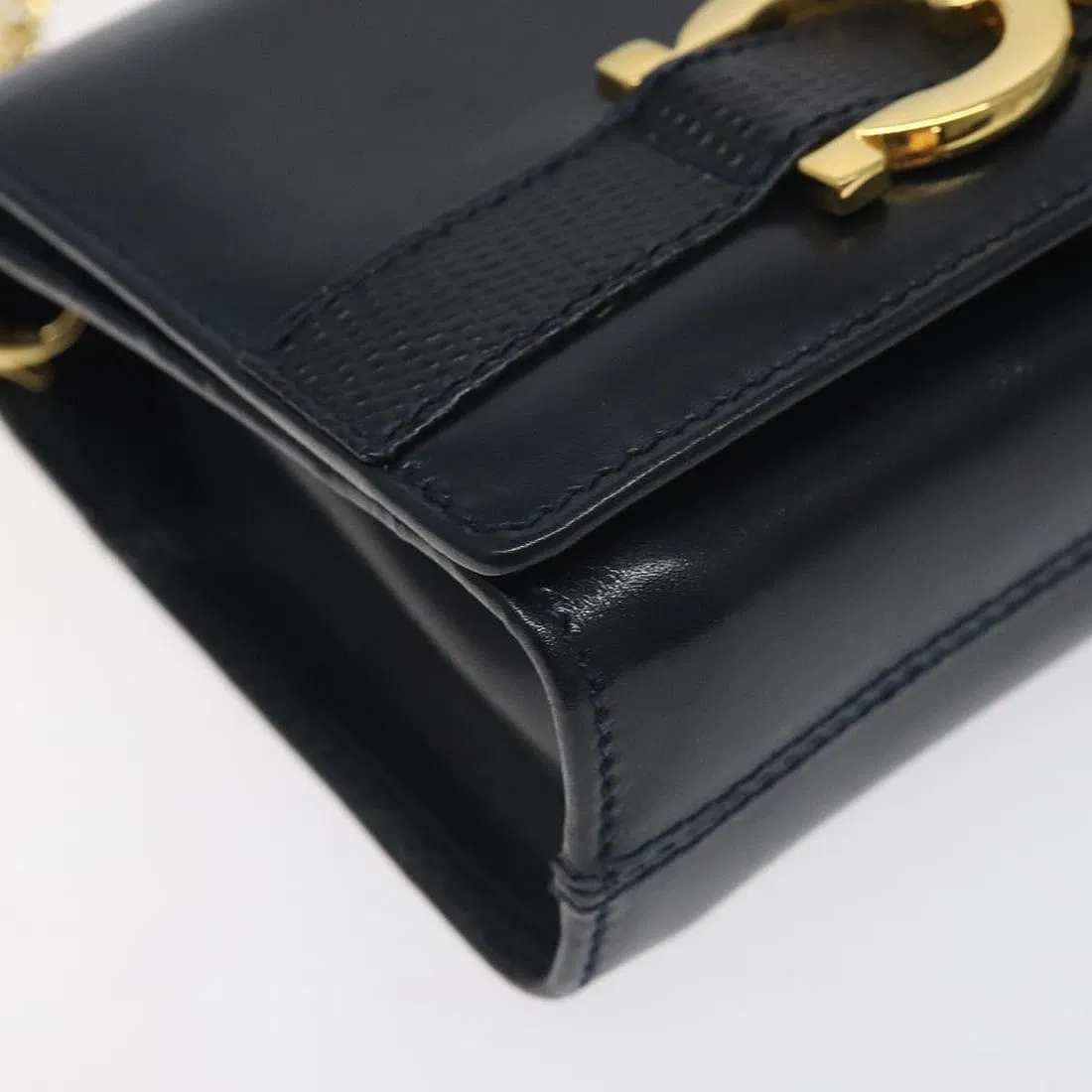Ferragamo navy leather mini crossbody or belt bag w double Gancini & chain strap