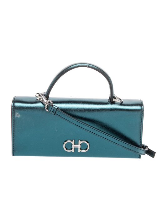 Ferragamo metallic blue Leather Double Gancini Two-Way Mini Bag