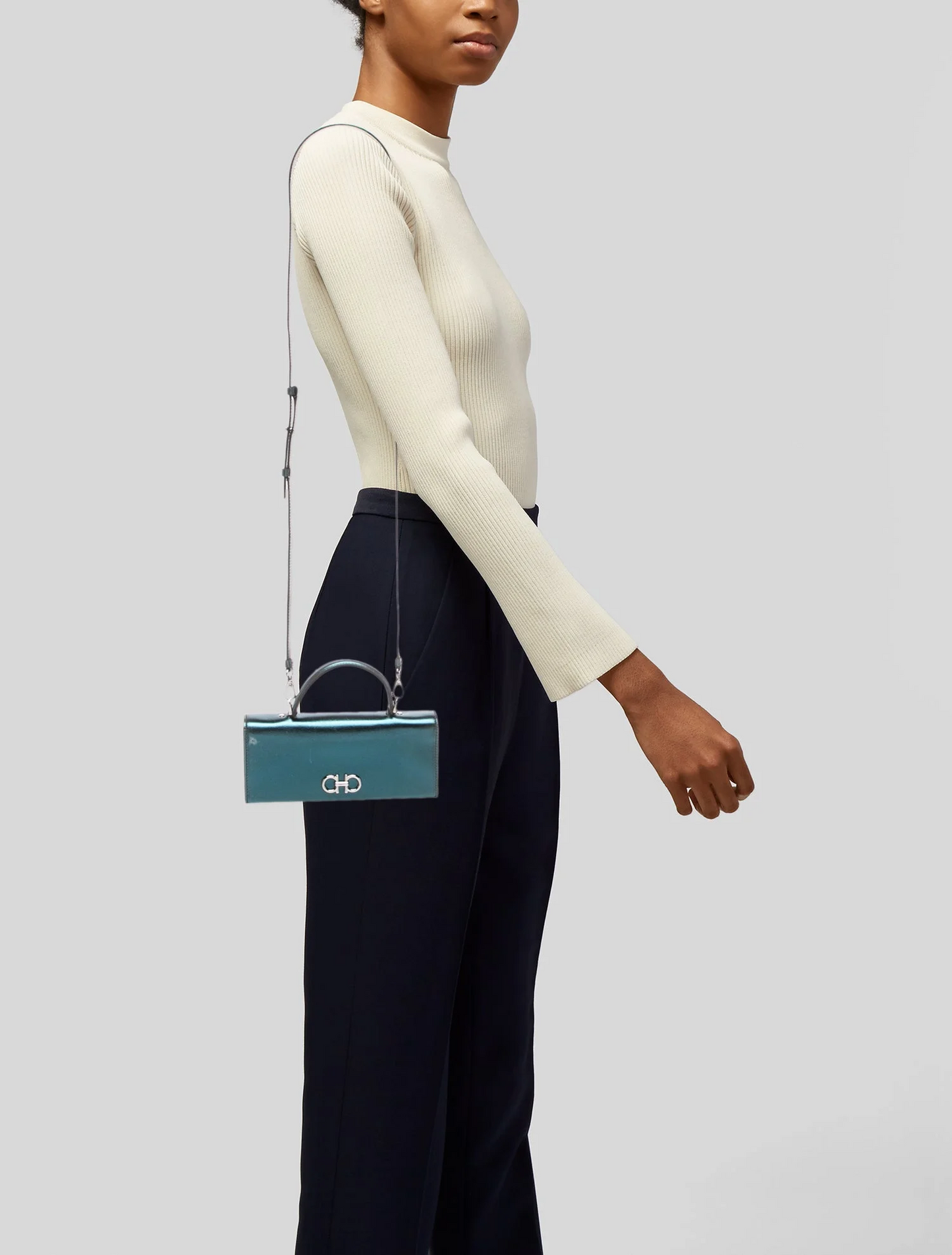 Ferragamo metallic blue Leather Double Gancini Two-Way Mini Bag