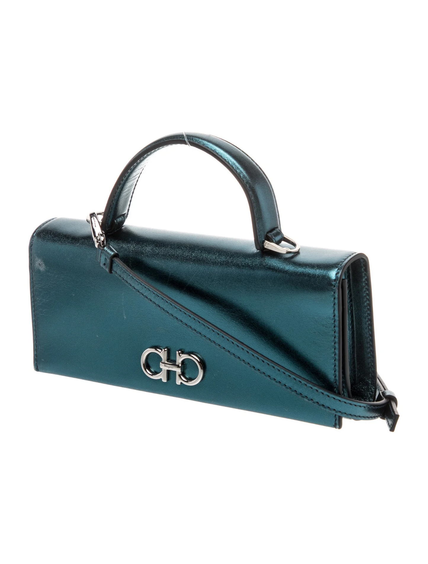 Ferragamo metallic blue Leather Double Gancini Two-Way Mini Bag