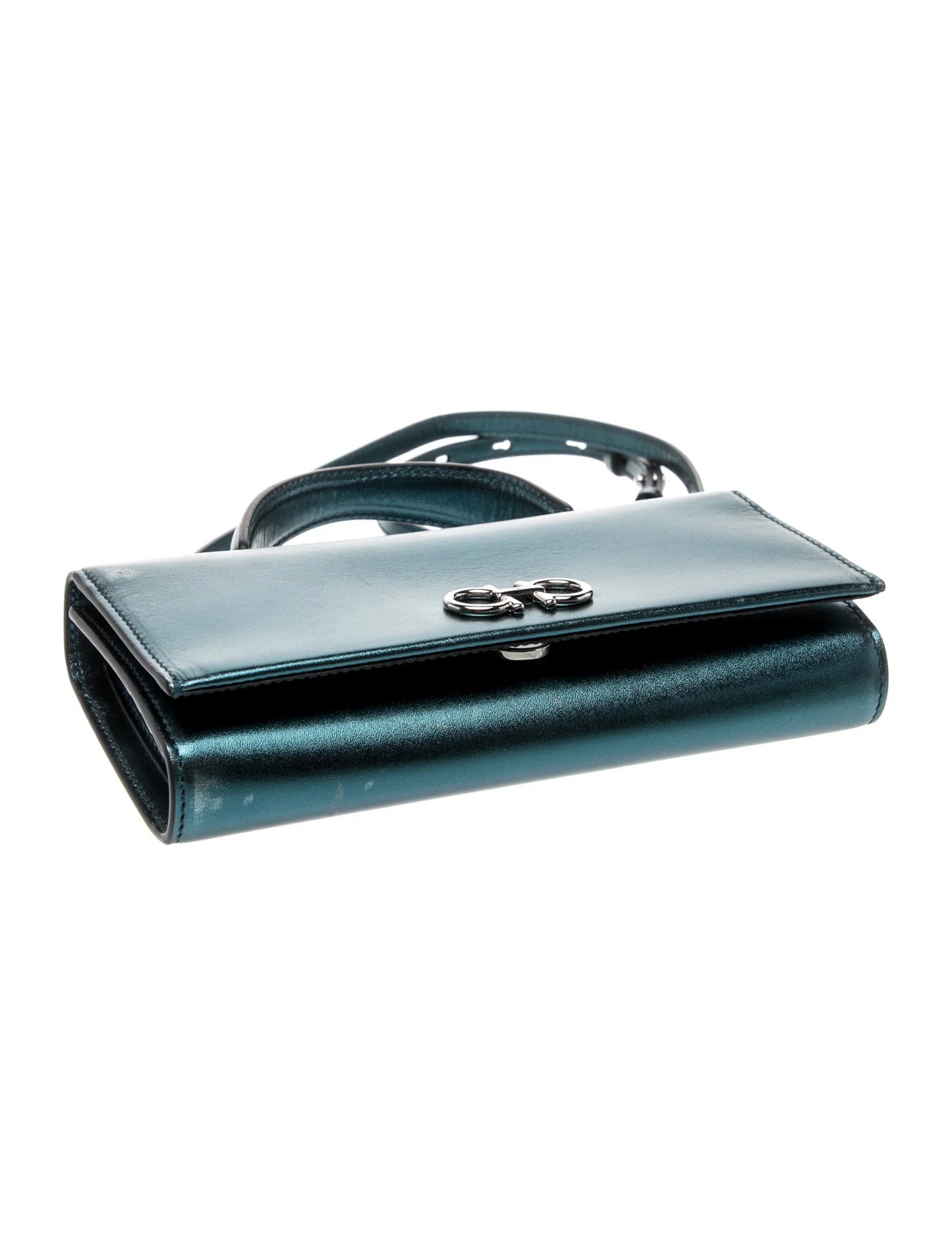 Ferragamo metallic blue Leather Double Gancini Two-Way Mini Bag