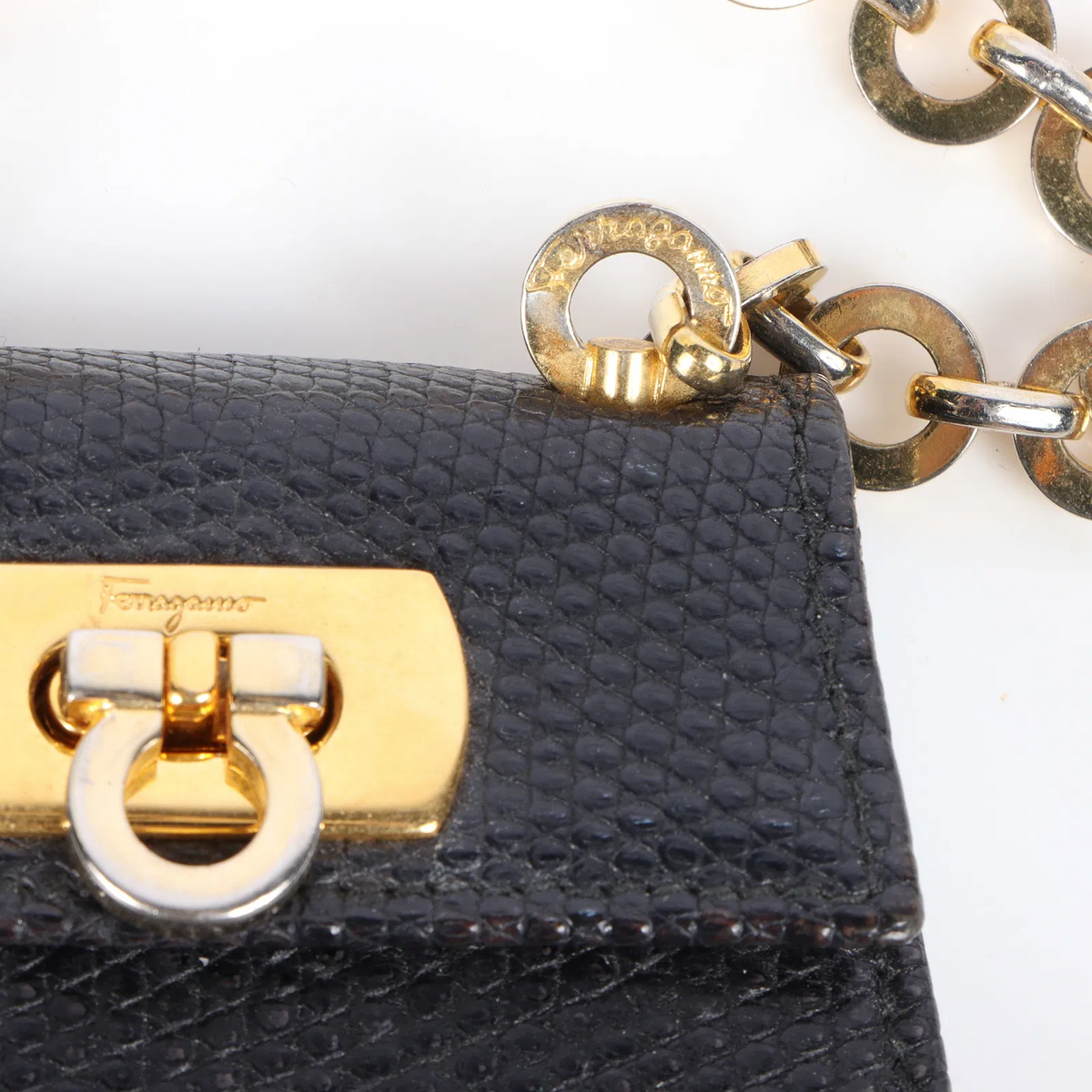 Ferragamo navy blue lizard leather two-way cross body bag