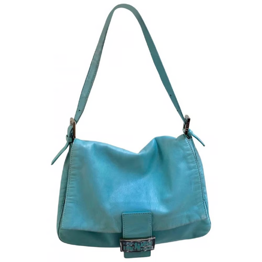 Limited Edition, Fendi, 'Mamma Zucca', turquoise blue leather, large baguette shoulder purse with a turquoise enamel & chrome hardware