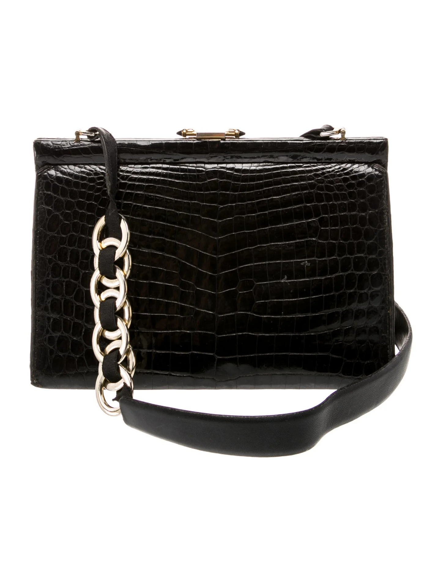 Gucci Black Glossy Crocodile Leather Purse w Unique Chain Strap