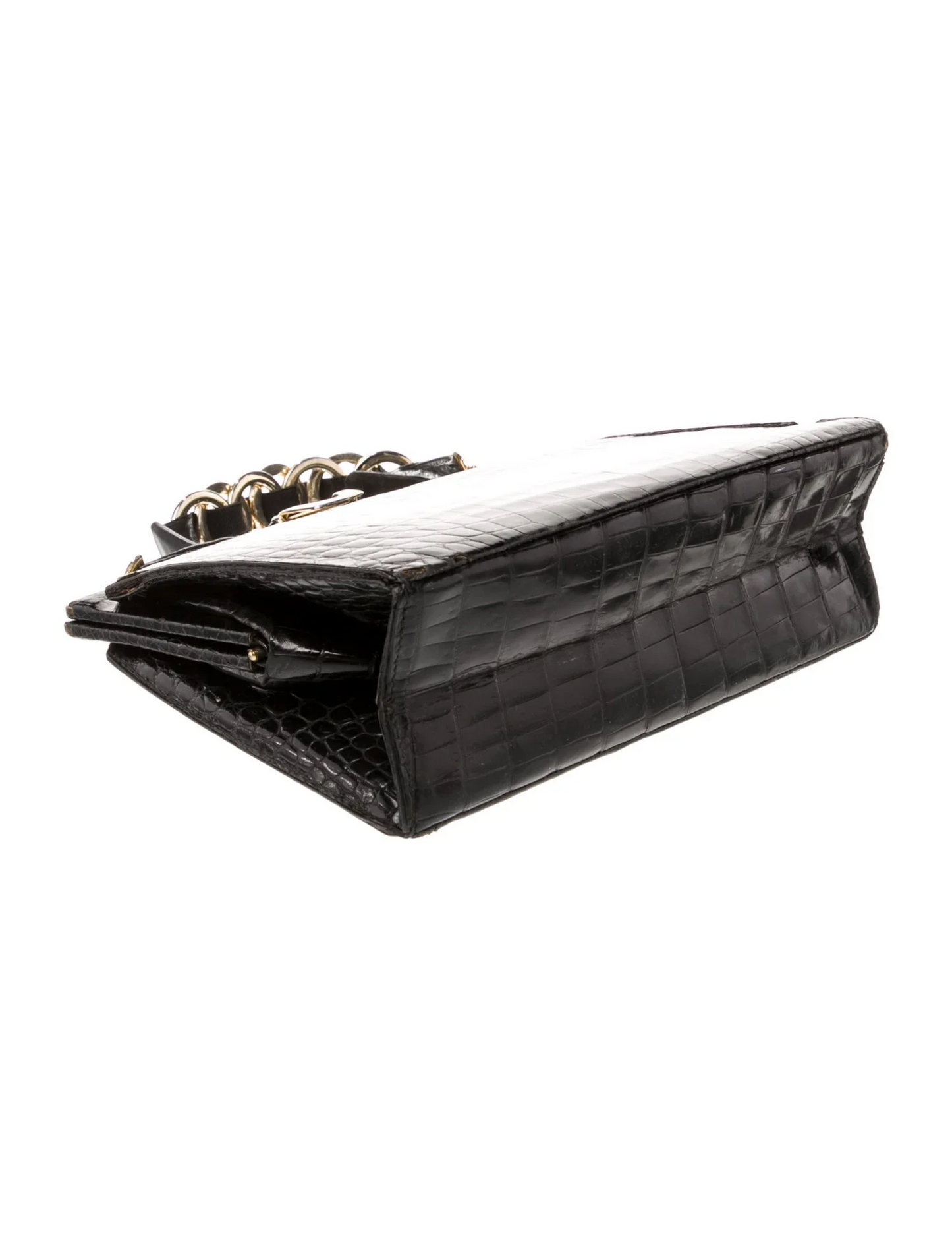 Gucci black crocodile hard & boxy purse with gold chain strap
