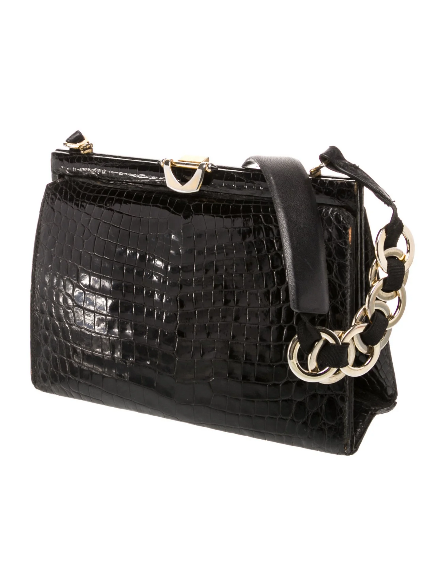 Gucci black crocodile hard & boxy purse with gold chain strap