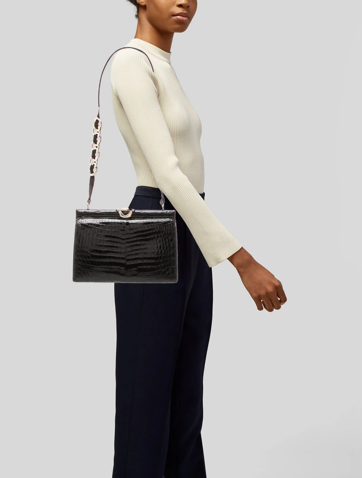 Gucci black crocodile hard & boxy purse with gold chain strap