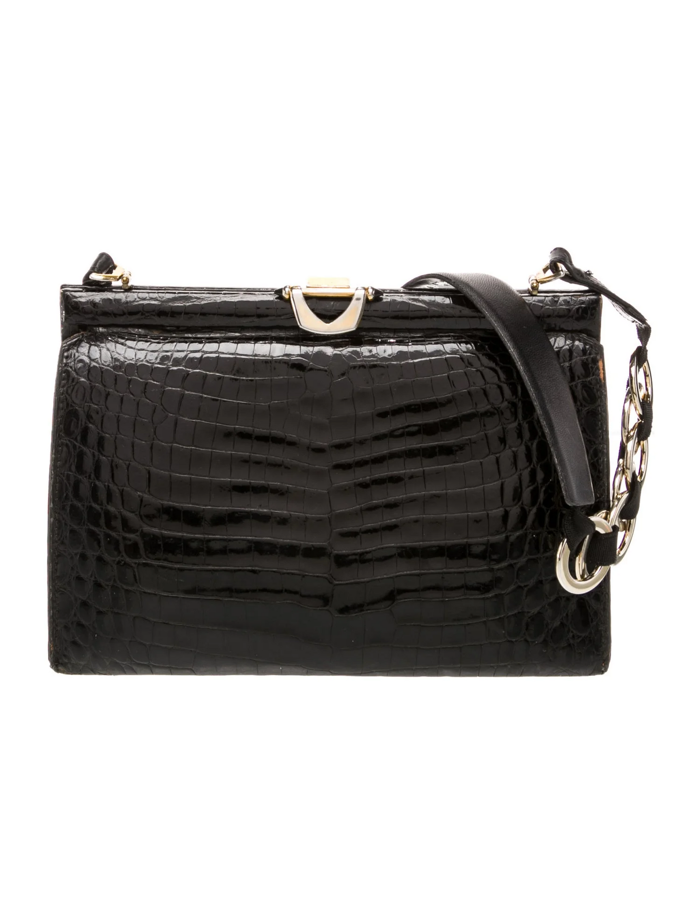 Gucci black crocodile hard & boxy purse with gold chain strap