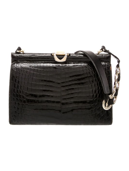Gucci black crocodile hard & boxy purse with gold chain strap