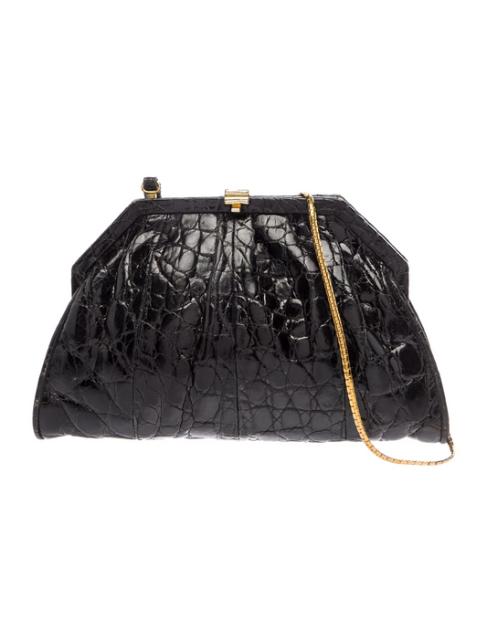 Gucci 1970s black crocodile leather two way style pouch purse
