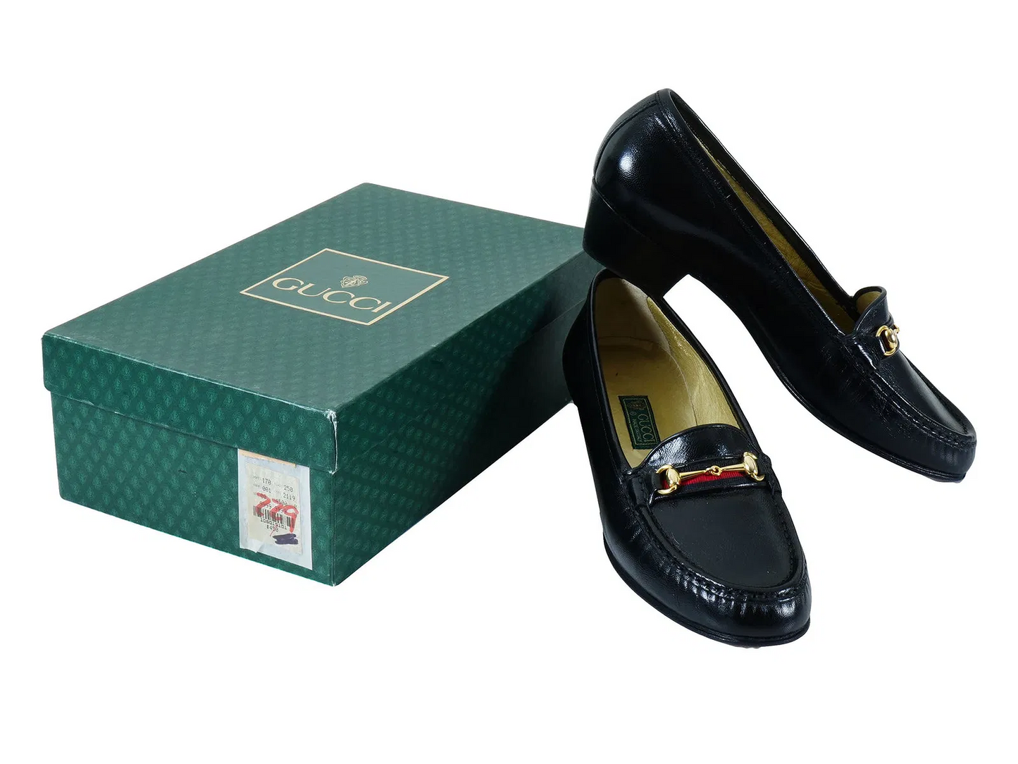 GUCCI size 9.5N black leather 1955 horse-bit heels w red/blue stripe! 300/400