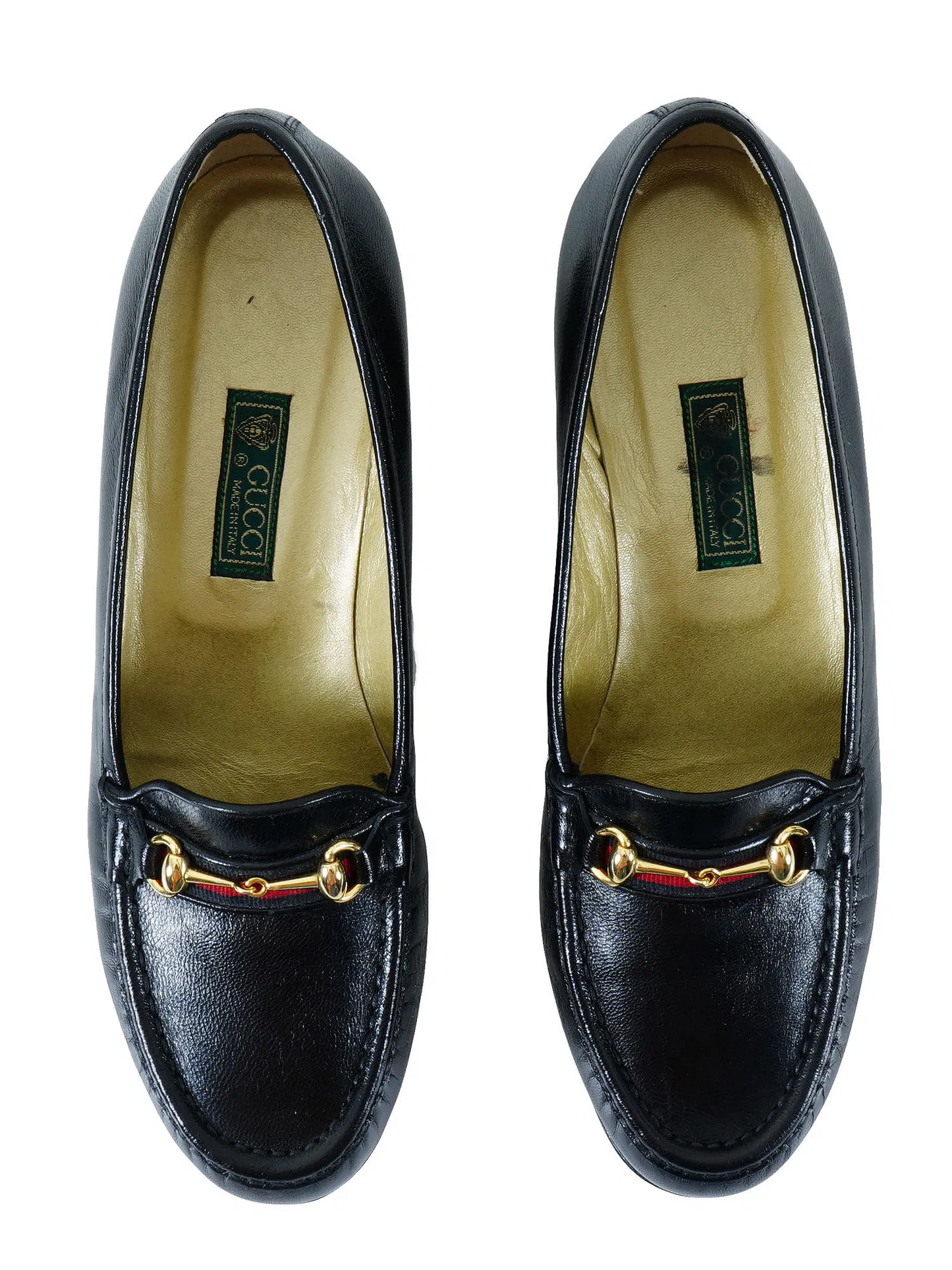 GUCCI size 9.5N black leather 1955 horse-bit heels w red/blue stripe! 300/400