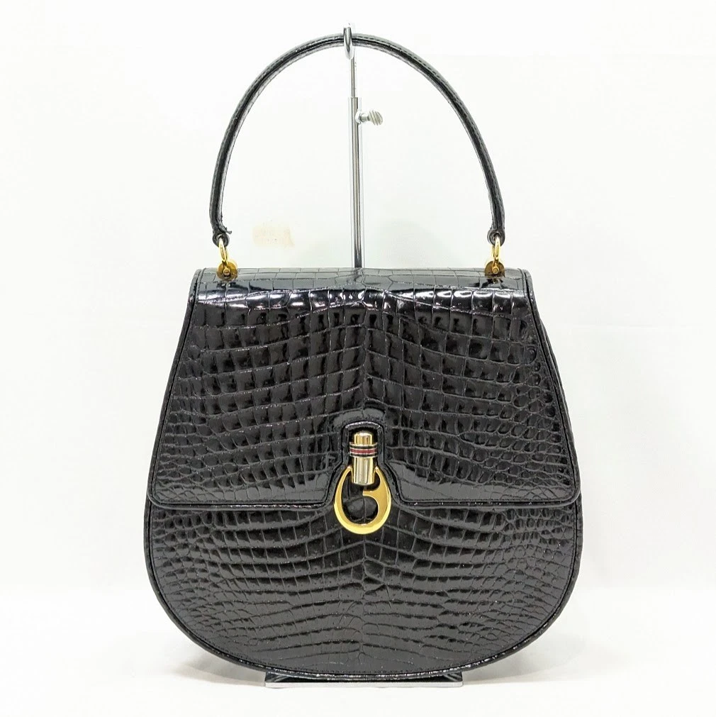 Gucci black crocodile boxy satchel with a red and blue enamel G clasp