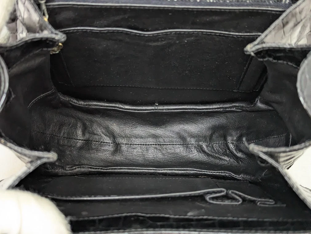 Gucci black crocodile boxy satchel with a red and blue enamel G clasp