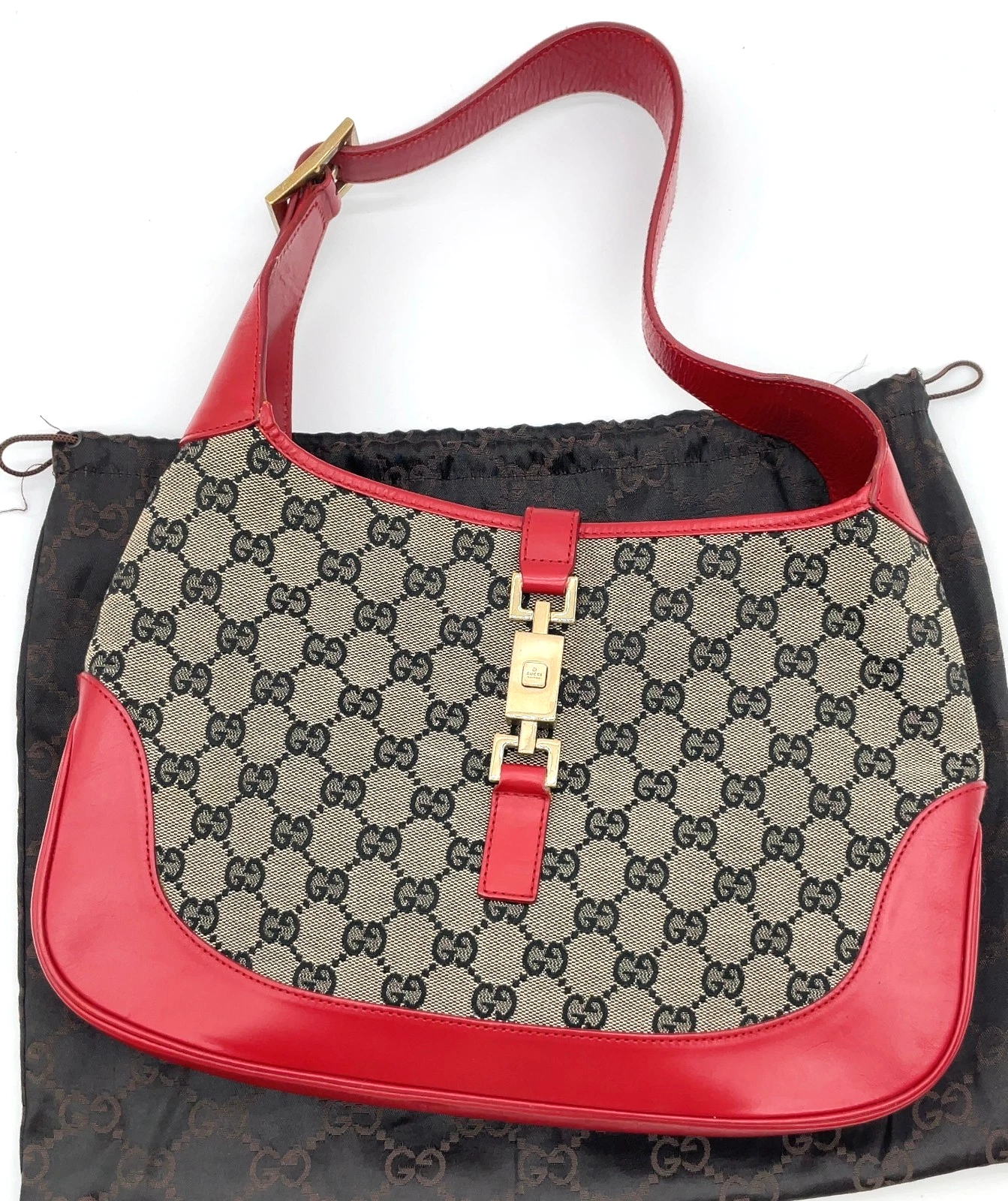 Gucci black Guccissima print on brown canvas & red leather Jackie hobo