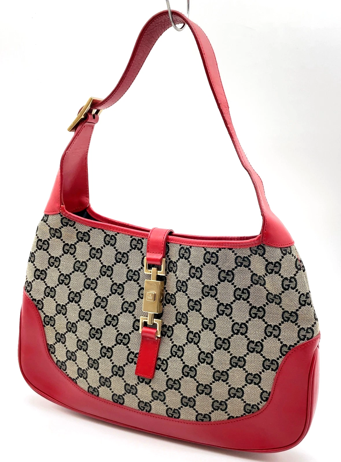 Gucci black Guccissima print on brown canvas & red leather Jackie hobo