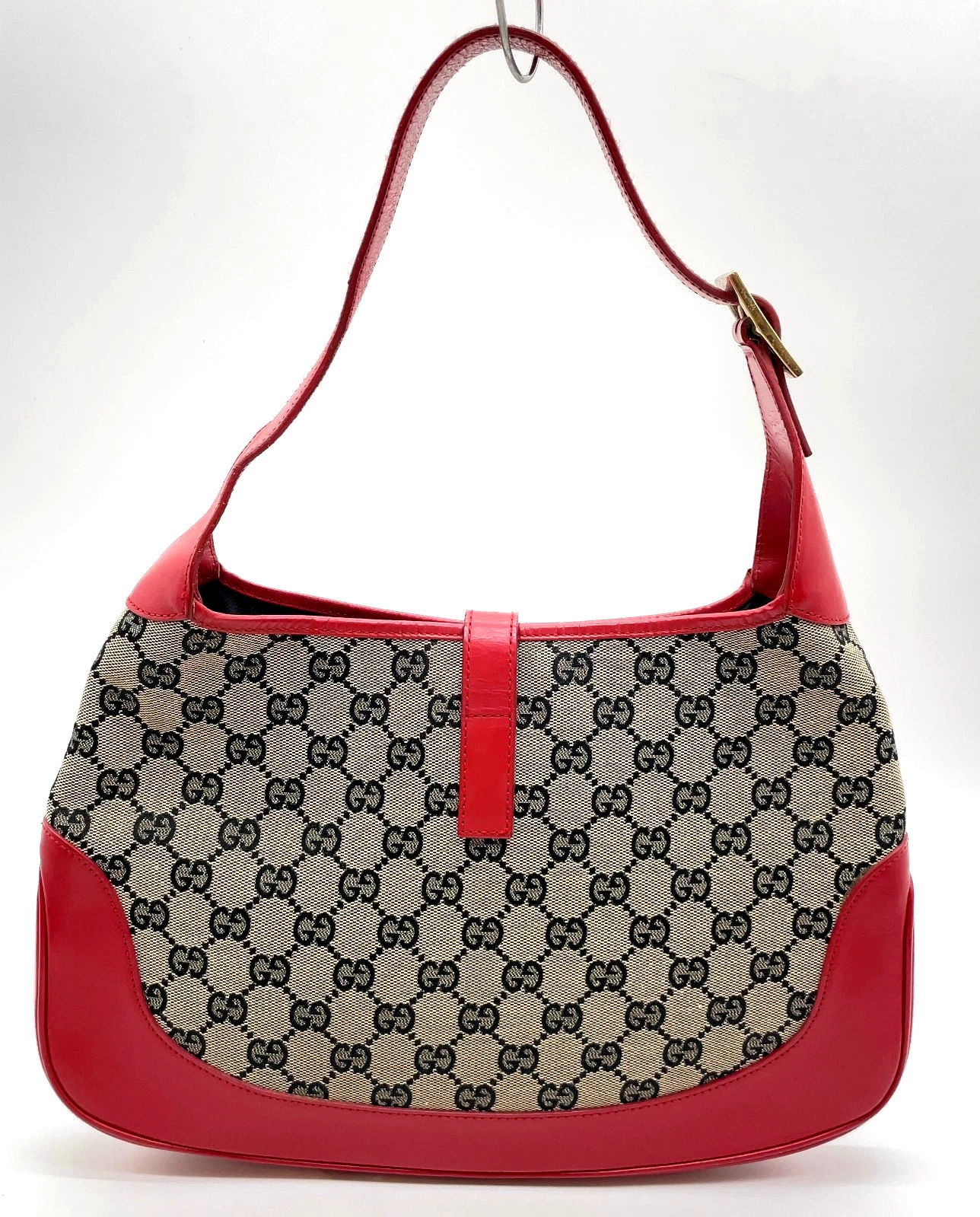 Gucci black Guccissima print on brown canvas & red leather Jackie hobo