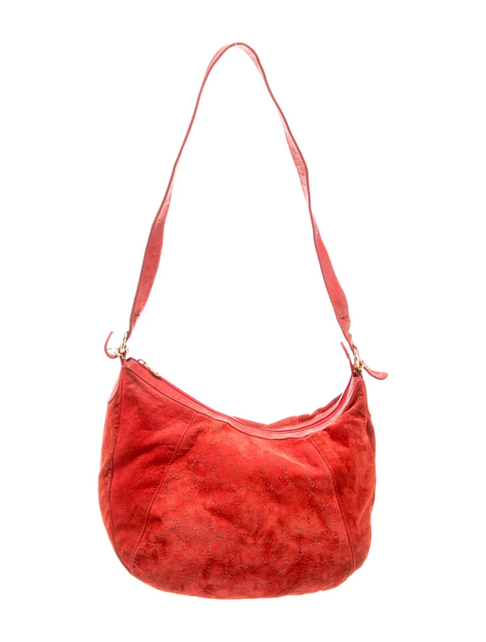 Gucci red suede hobo ith 'GUCCI' logo printed in glitter