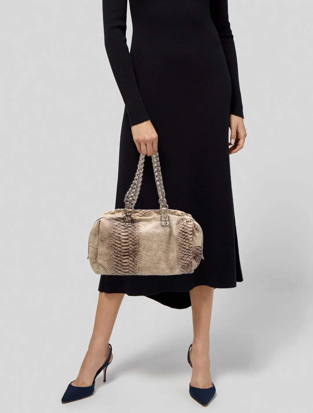 Henri Bendel Neutral Python Leather Shoulder Bag with Chain-Link Shoulder Straps