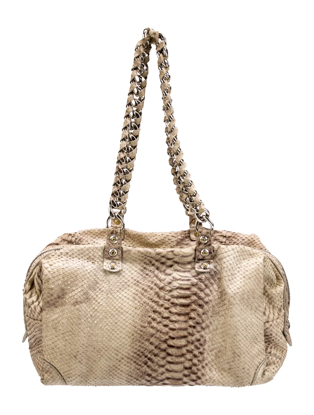 Henri Bendel Neutral Python Leather Shoulder Bag with Chain-Link Shoulder Straps