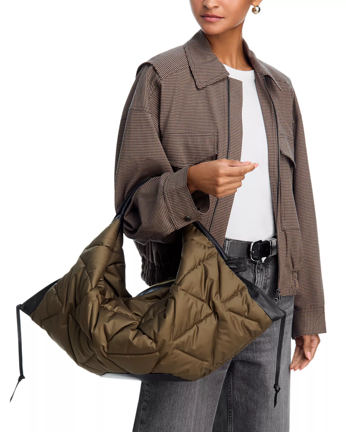 Phillip Lim quilted olive green nylon & leather uniquely shaped satchel/ tote