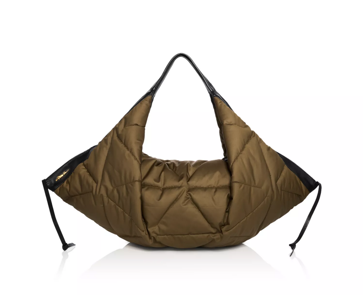 Phillip Lim quilted olive green nylon & leather uniquely shaped satchel/ tote