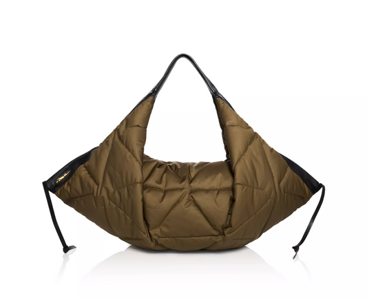 Phillip Lim quilted olive green nylon & leather uniquely shaped satchel/ tote