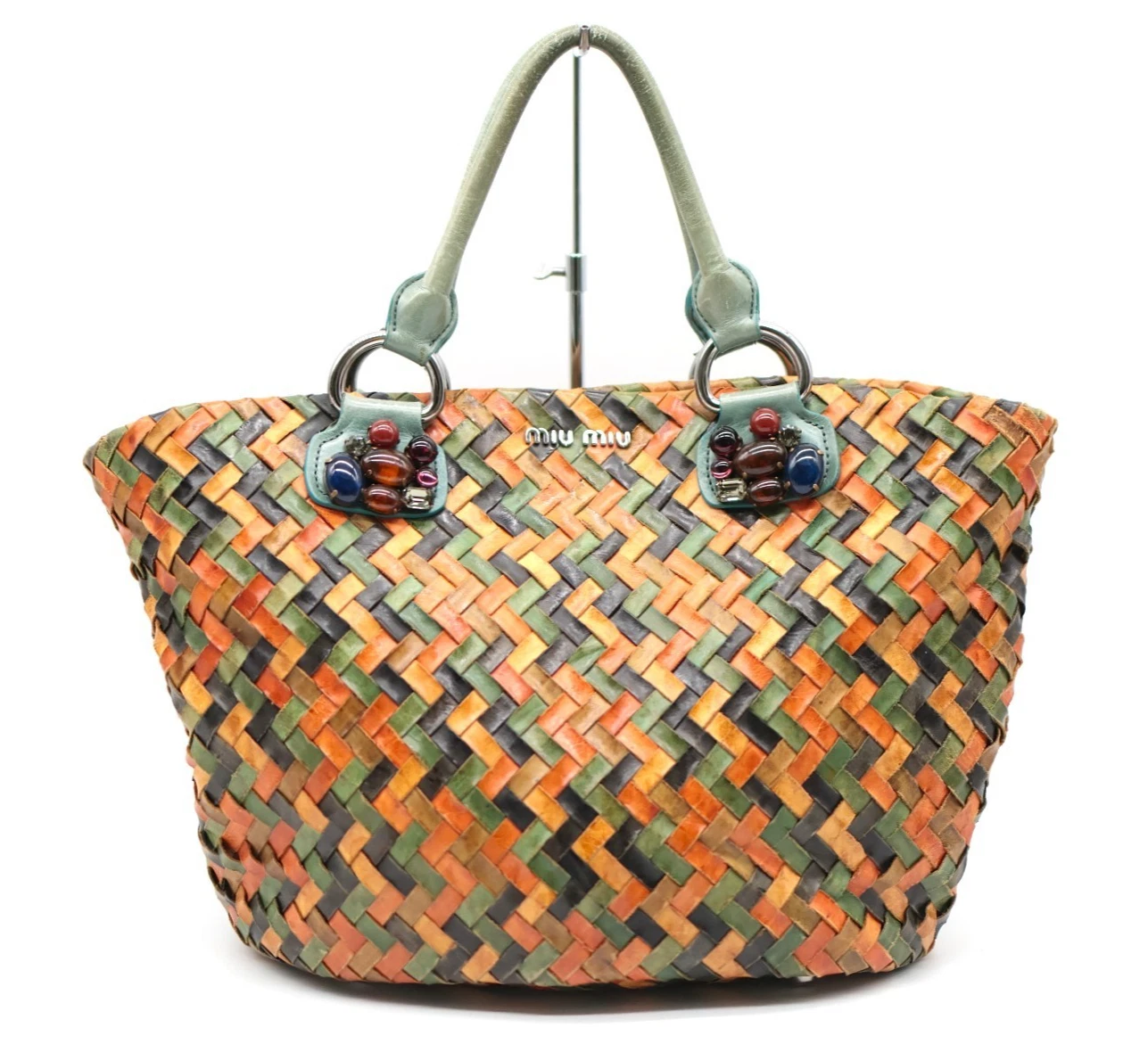 Miu Miu multi-colored intrecciatio woven leather satchel with crystal accents